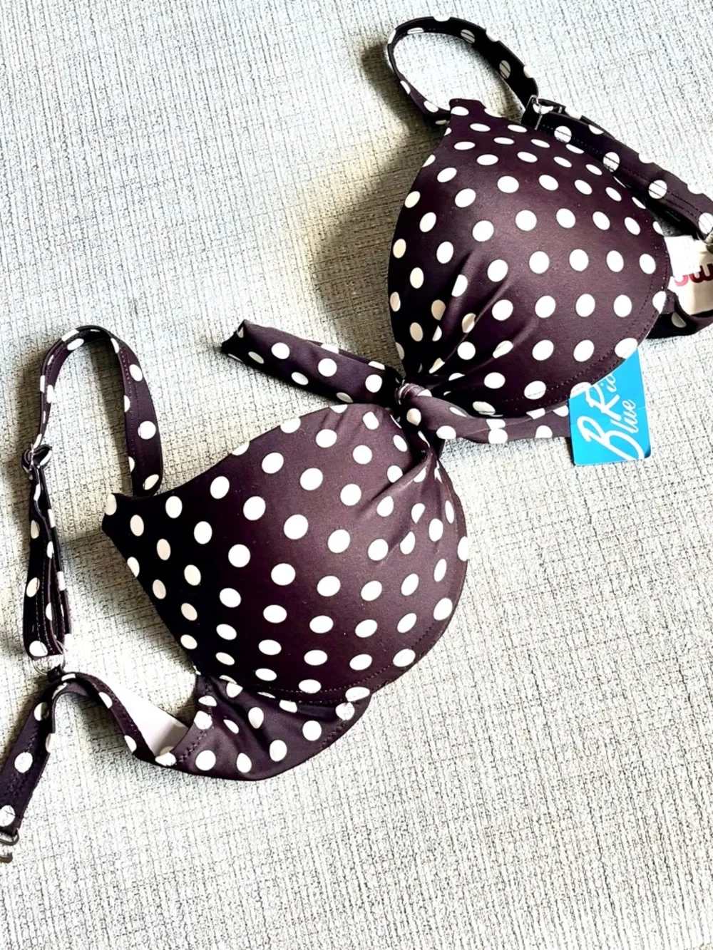 B. Rio Blue Brown and White Polka Dot Tie-Front Bikini Swim Top Large 36 C NWT